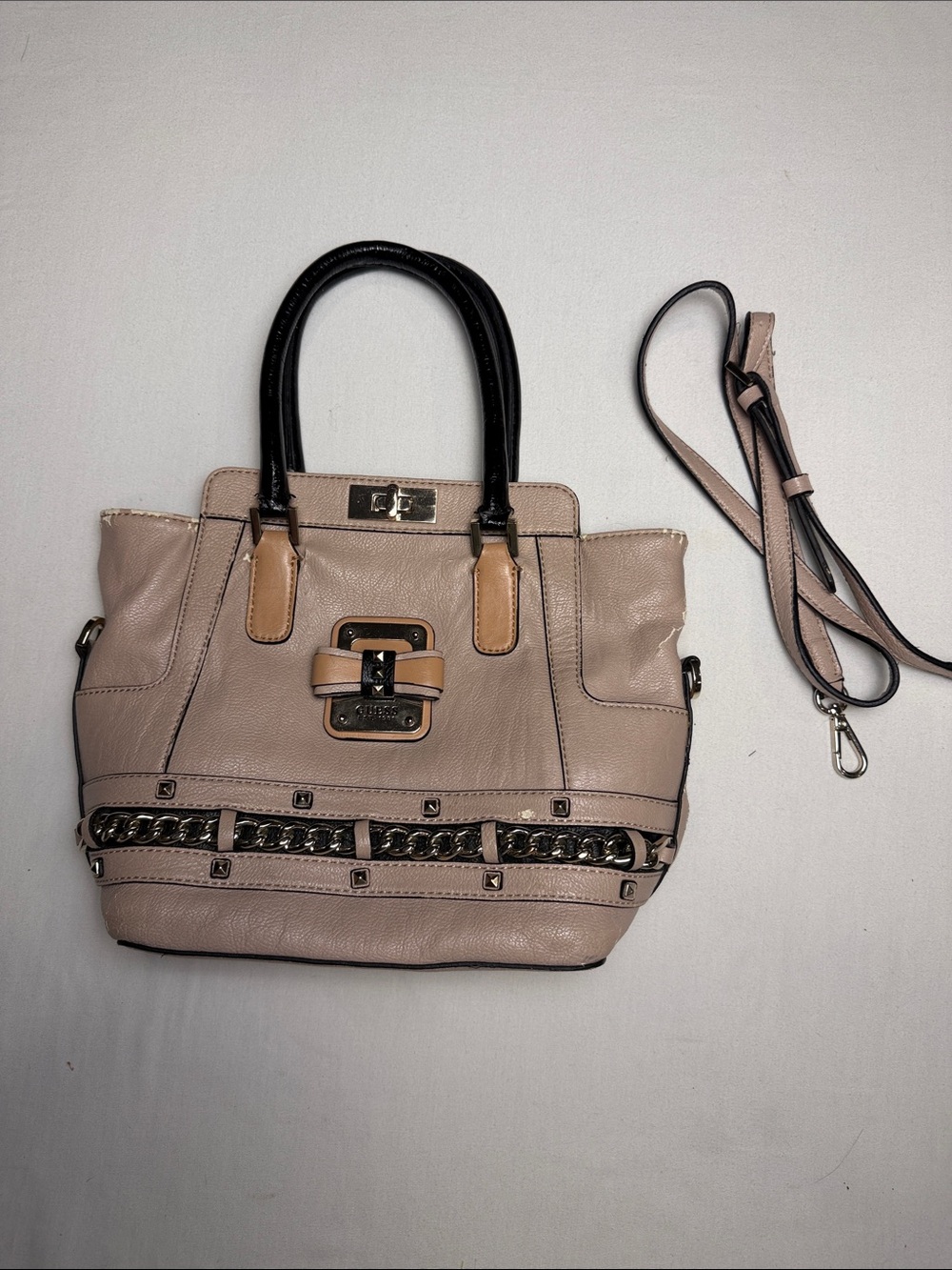 Women's Guess vintage Blush Beige Satchel with Black Handles and Chain Trim